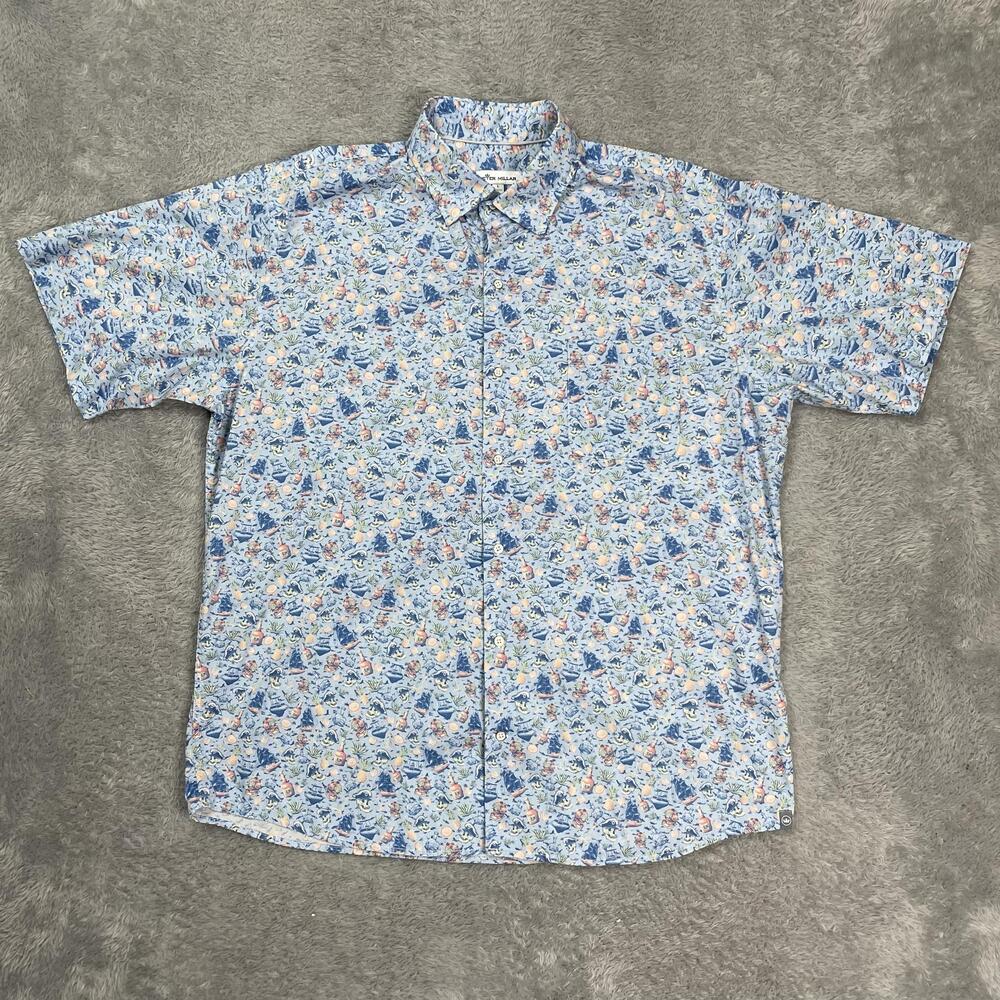Peter Millar Shirt Mens Large Blue Pirate Print Short Sleeve Button Up Stretch